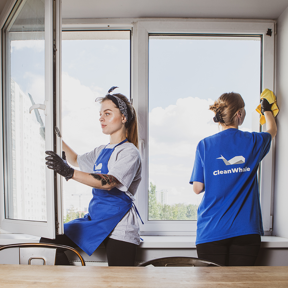 Dwóch pracowników sprzątających w odzieży roboczej, myjących okno